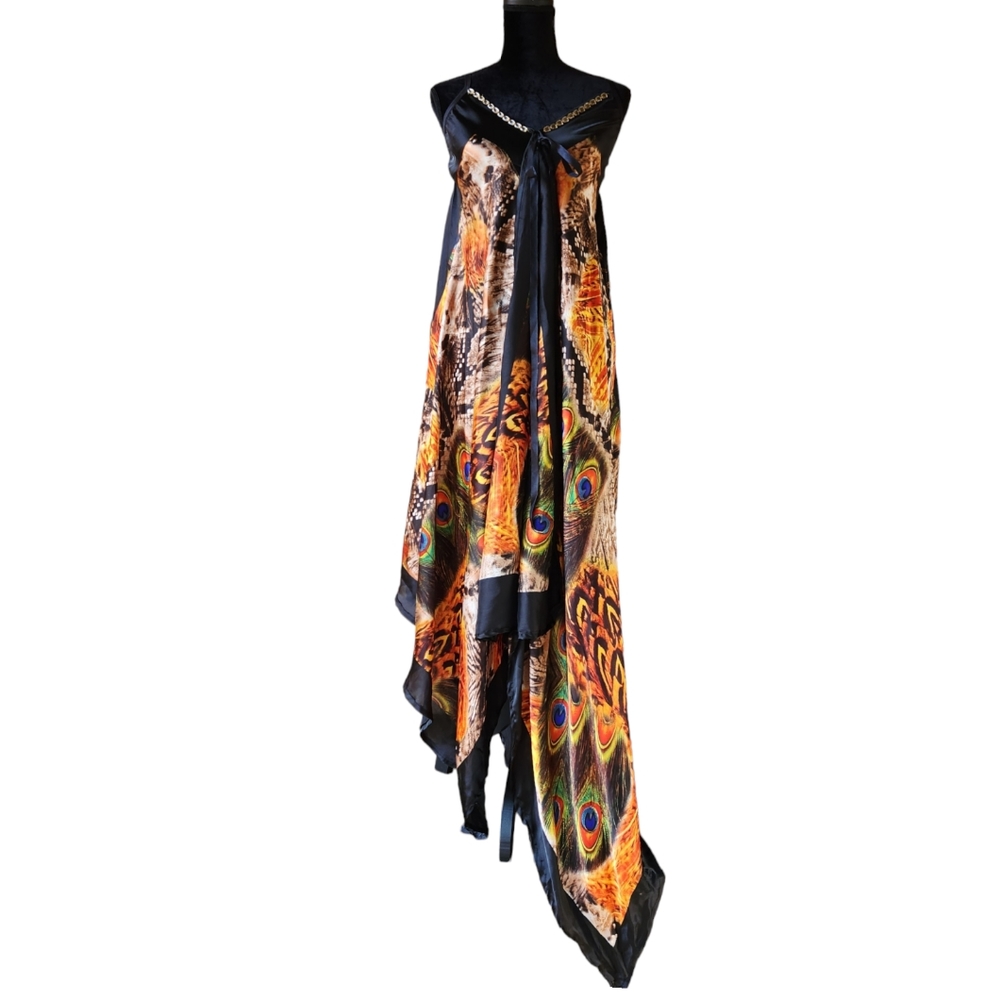 Vintage Y2K Peacock Feather Handkerchief Hem Halter Maxi Dress Festival Small